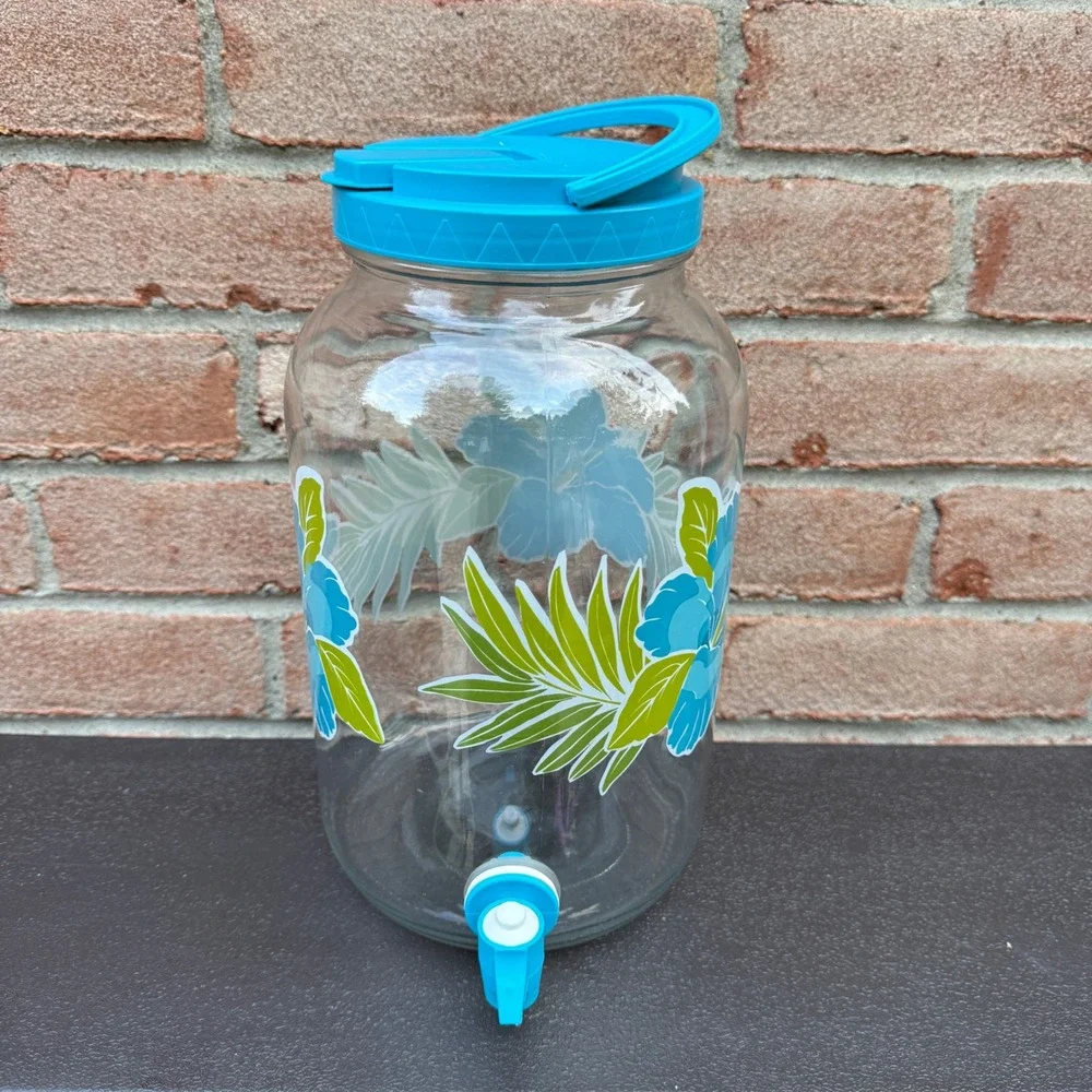 Vintage Blue Hibiscus Glass Sun Tea Jar 1 Gallon Beverage Dispenser Spigot READ